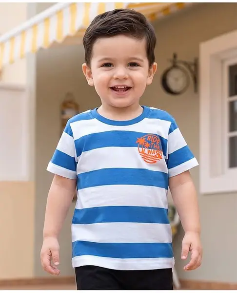 Babyhug Cotton Knit Half Sleeves T-Shirt with Stripes & Tiger Graphics - Multicolor