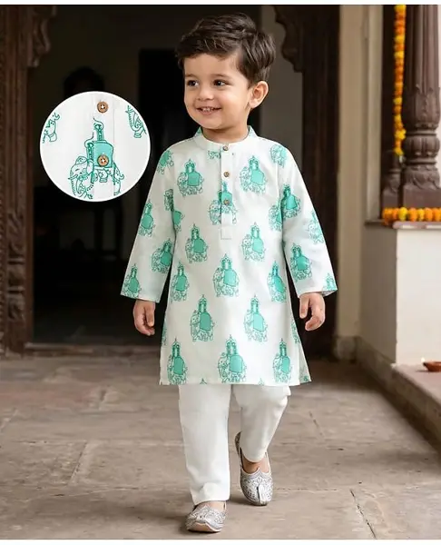 Babyhug Cambric Woven Full Sleeves Elephant Printed Kurta Pajama Set - White