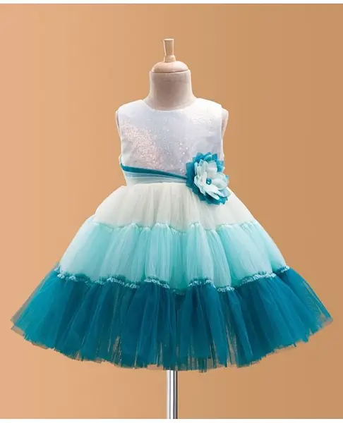 Blabber Sleeveless Colour Blocked Sequins & Stone Embellished Floral Applique Detailed Knee Length Tiered Dress - Blue