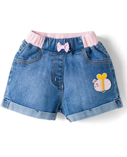 Little Kangaroos 100% Cotton Knee Length Denim Shorts With Patch & Bow Applique - Light Blue