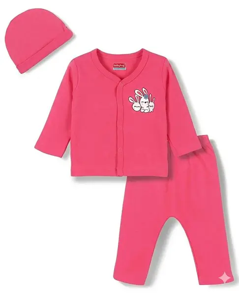 Babyhug Full Sleeves T-Shirt & Pyjama Night-Suit With Cap & Text Print - Pink