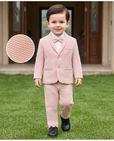 Babyhug Knit Full Sleeves Stretchable Solid 3 Piece Party Suit With Bow - Light Peach