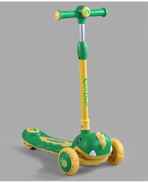 Dino Faced Glider Toddler 3 Wheel Foldable Kids Kick Scooter With Led Light Up Deck And Wheel With Music And 3 level Height Adjustment - Yellow & Green