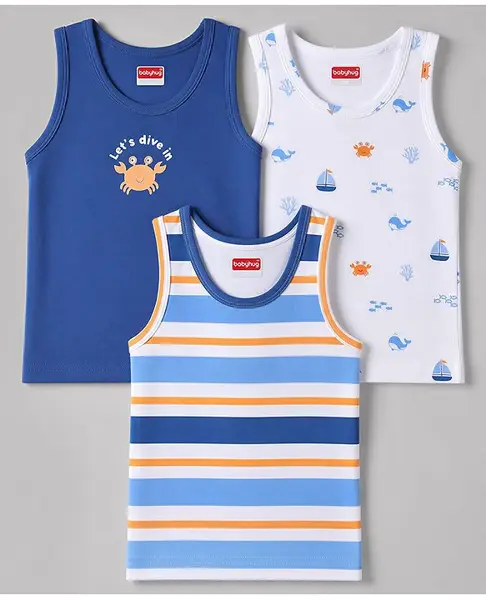 Babyhug 100% Cotton Knit Sleeveless Striped Nautical Theme & Sea Life Printed Vests Pack Of 3 - Blue & White