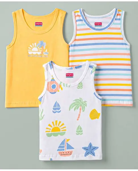 Babyhug 100% Cotton Knit Sleeveless Striped & Nautical Theme Printed Sando Vests Pack Of 3 - Multicolor
