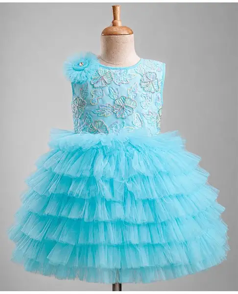 Bluebell Net Knit Sleeveless Frock With Floral Embroidery & Applique  - Light Blue
