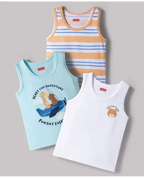 Babyhug 100% Cotton Knit Sleeveless Sando Vests With Animal Print Pack of 3 - Multicolor