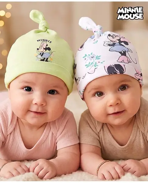 Babyhug Disney Interlock Knit Pony Caps With Minnie Mouse Print Pack of 2 Multicolor - Diameter 18 cm
