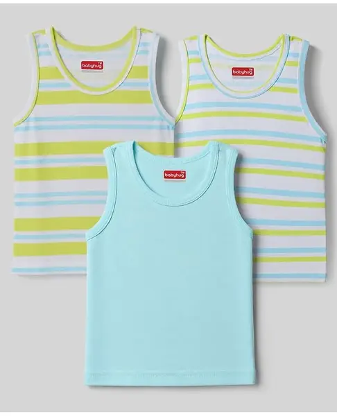 Babyhug 100% Cotton Knit Sleeveless Striped & Solid Vests Pack Of 3 - Light Blue & Green