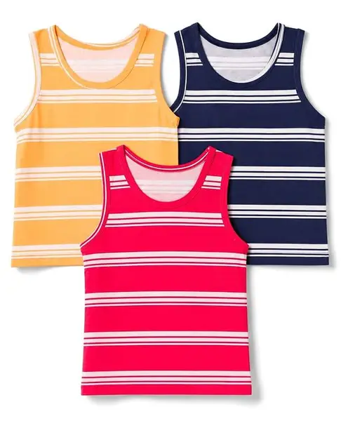 Babyhug 100% Cotton Knit Striped Sleeveless Vests Pack of 3 - Yellow Navy Blue & Pink
