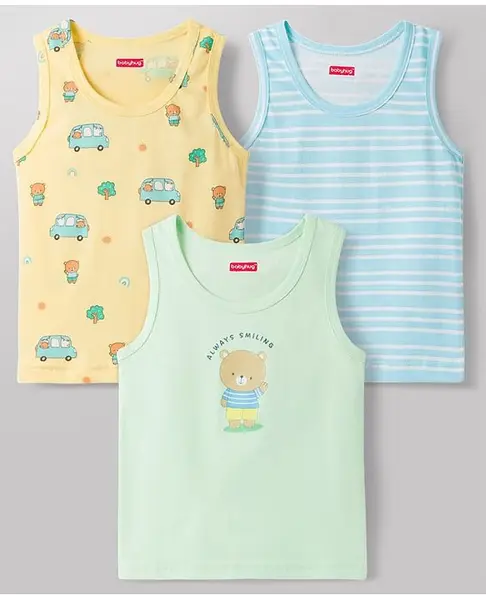Babyhug 100% Cotton Knit Sleeveless Sando Vests with Car & Teddy Print Pack of 3 - Multicolor