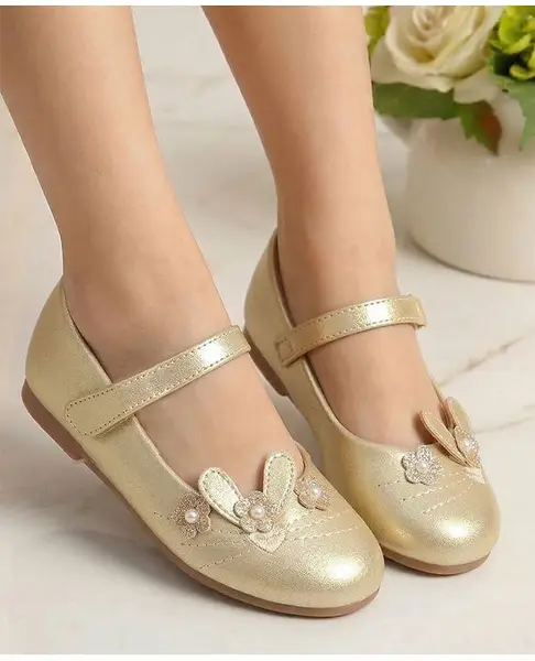 Babyoye Velcro Closure Closed Toe Ballerinas with Floral Applique - Golden