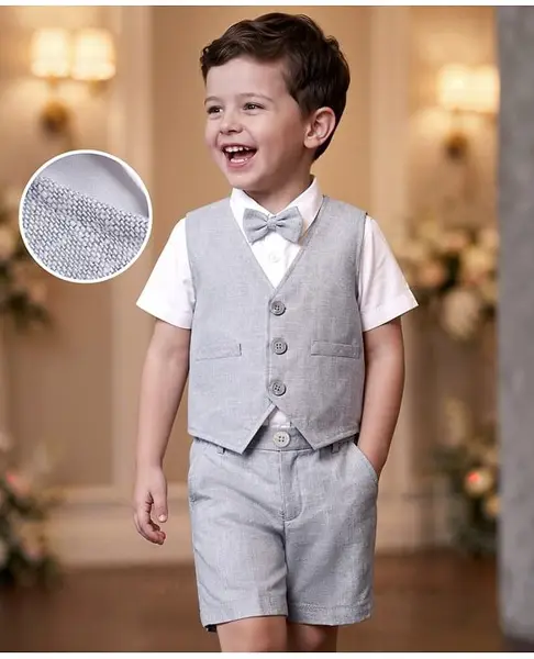 Mark & Mia Woven Half Sleeves Solid 3 Piece Party Suit with Bow - Multicolor
