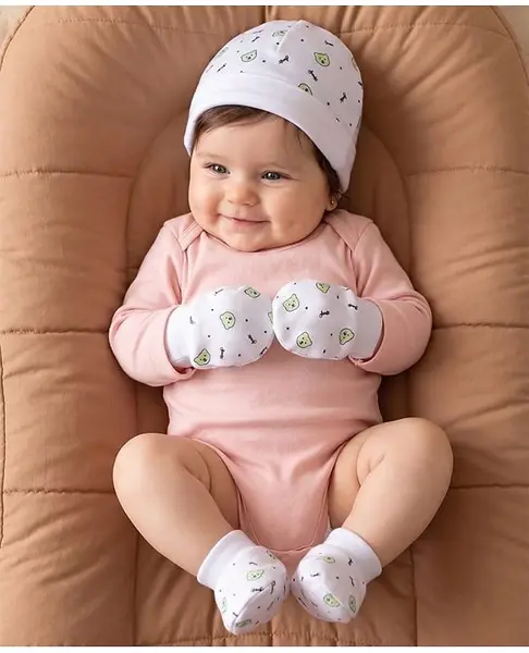 Babyoye 100% Cotton Interlock Knit Cap Mittens & Booties with Bear Print White - Diameter 15 cm