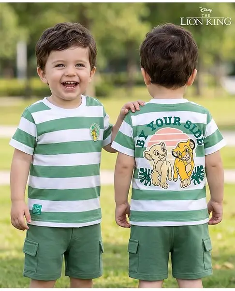 Babyoye Disney Single Jersey Knit Half Sleeves T-Shirt & Shorts Set With Lion King Graphics & Badge Detailing - Multicolor