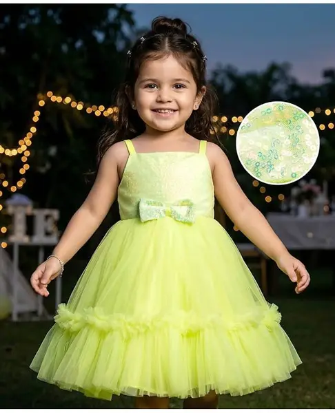 Babyhug Mesh Woven Sleeveless Tiered Fit & Flared Party Frock with Sequin & Bow Detailing - Yellow