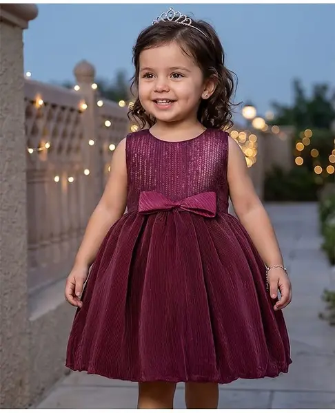 Babyhug Mesh Woven Sleeveless Sequinned Party Wear Frock With Bow Applique - Wine