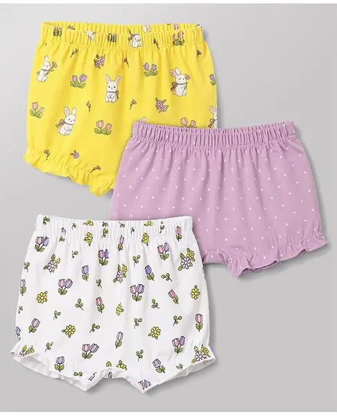 Babyhug 100% Cotton Single Jersey Knit Floral & Bunny Printed Bloomers Pack of 3 -Yellow & White