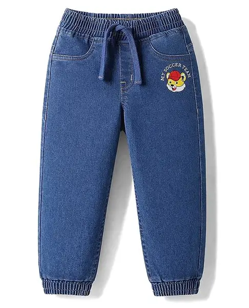 Babyhug Full Length Washed Denim Jeans with Tiger Print & Stretch - Blue