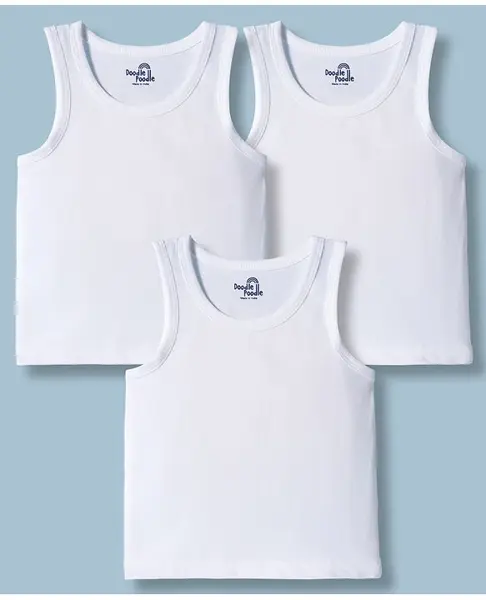 Doodle Poodle 100% Cotton Knit Sleeveless Solid Vests Pack of 3 - White