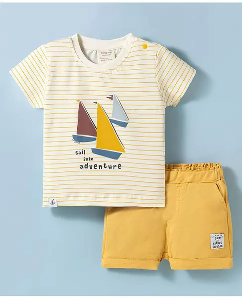 Ollypop Sinker Knit Half Sleeves Nautical Theme Printed & Striped T-Shirt & Shorts Set - Yellow & Cream