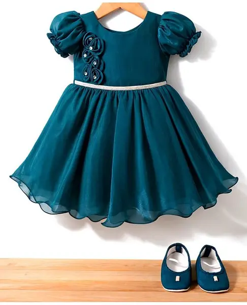Blabber Half Puffed Sleeves Stone Embellished Floral Applique Detailed Knee Length Dress With Booties - Teal Blue