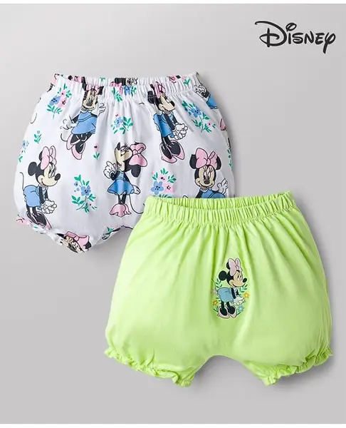 Babyhug Disney 100% Cotton Knit Bloomers With Minnie Mouse Graphic Pack of 2 - White & Lime Green