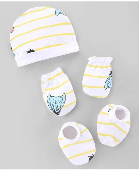 Babyhug Disney Interlock Knit Cap Mittens & Booties with Winnie & Friends Print White- Diameter 15 cm