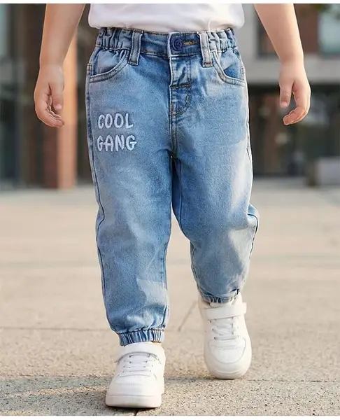 Babyoye Denim Full Length Washed Jeans With Text Print - Blue