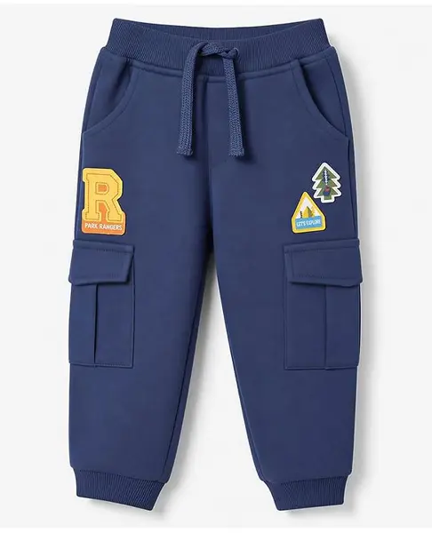Babyhug Cotton Terry Knit Full Length Lounge Pant Tree Patch - Navy Blue