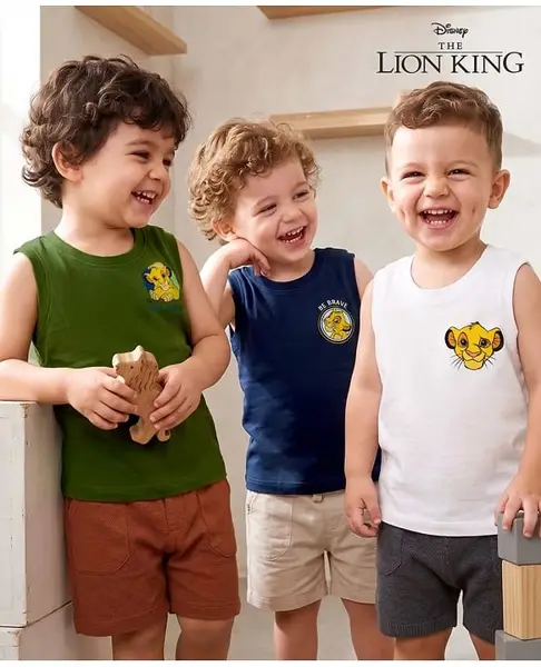 Babyhug Disney Cotton Single Jersey Knit T-Shirts with Sleeveless Styling and The Lion King Print in for in Navy Blue for Pack of 3 4-5 Years