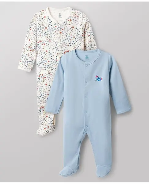 I Bears Interlock Knit Full Sleeves Footed Sleepsuits with Floral Print Pack of 2 - Multicolor