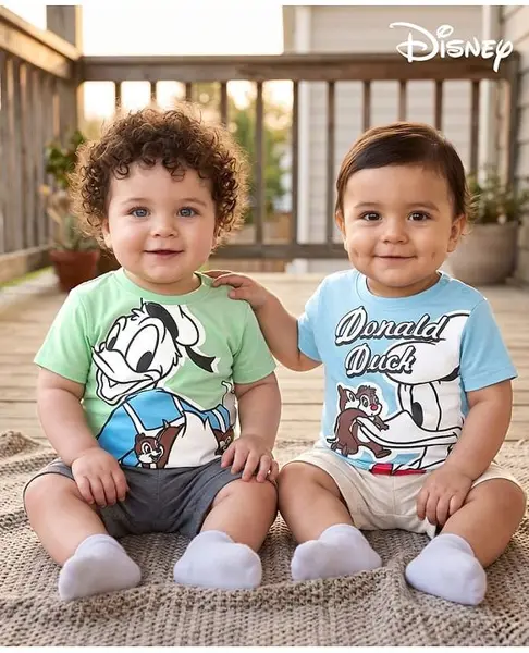 Babyoye Disney Single Jersey Knit Half Sleeves T-Shirts With Chip & Dale Donald Duck Graphics Pack of 2 - Multicolor