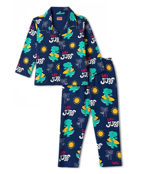 Babyhug Cotton Knit Full Sleeves Dino & Beach Theme Printed Co-Ords Shirt & Pyjama Night Suit - Navy Blue