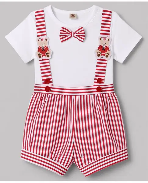 ToffyHouse Knitted Half Sleeves T-Shirt & Striped Shorts With Bear & Bow Applique - Red