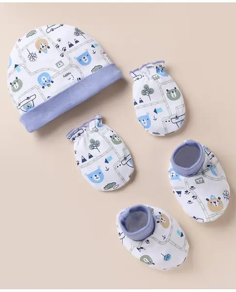 Babyhug 100% Cotton Interlock Knit Cap Mitten & Booties with Vehicle Bear Map Print White - Diameter 16 cm
