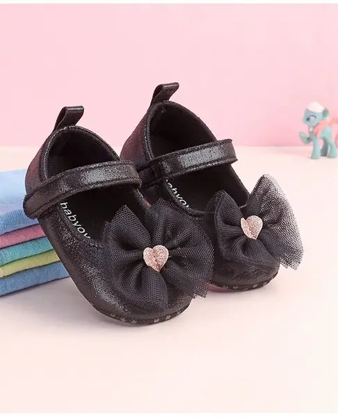 Babyoye Velcro Closure Booties with Floral Applique - Black