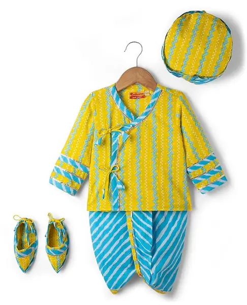 Exclusive from Jaipur Cotton Woven Full Sleeves Chevron Kurta Dhoti Set With Turban & Mojaris - Yellow