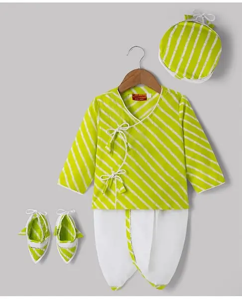 Exclusive From Jaipur Cotton Woven Full Sleeves Leheriya Printed Dhoti Kurta Set - Lime Green