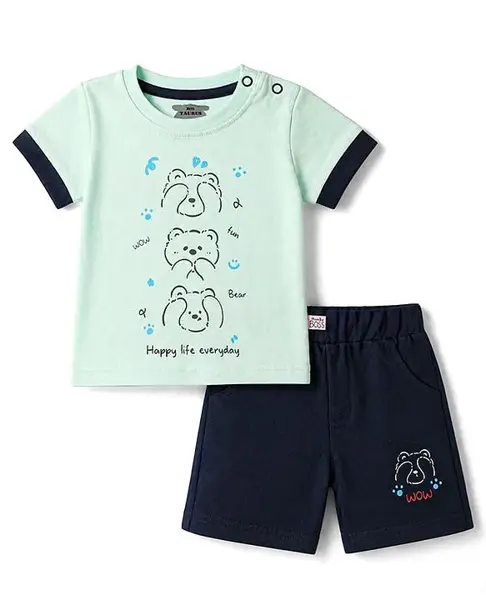 Mini Taurus Knit Half Sleeves T-Shirt and Shorts Set with Bear Print - Mint Green