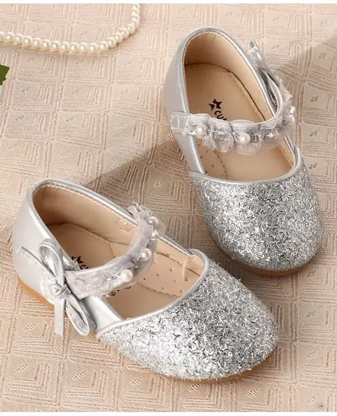 Cute Walk by Babyhug Velcro Closure Ballerina With Pearl Embellishment & Bow Applique - Silver