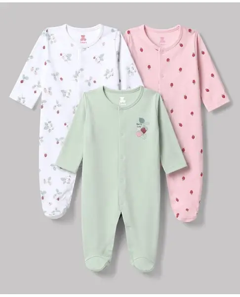 I Bears Interlock Knit Full Sleeves Floral & Hearts Printed Footed Sleepsuits Pack Of 3 - Multicolor