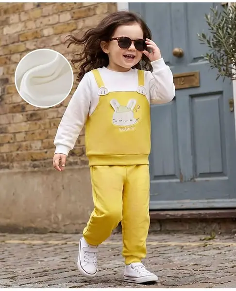 Mark & Mia Cotton Full Sleeves Top & Lounge Pant Set with Bunny Applique - Mustard