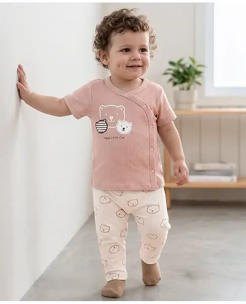 Babyoye 100% Cotton Knit Half Sleeves T-Shirt & Pant Set with Animal Print - Cream & Tan