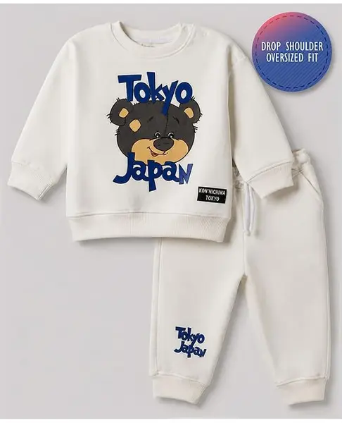 Bonfino Fleece Knit Full Sleeves Oversized Drop Shoulder Winter Wear Suit Bear & Text Print - Off White