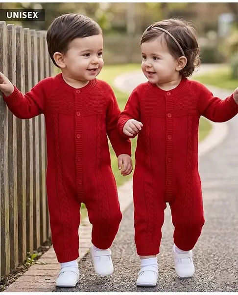 Babyhug Knitted Raglan Sleeves Winter Wear Romper - Red
