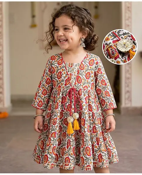 Babyhug Cambric Ethnic Dresses with 3/4th Sleeves and Paisley Print in Offwhite for 3-4 Years