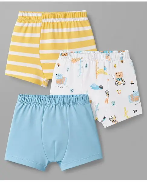 Babyhug 100% Cotton Single Jersey Knit Striped & Bear Printed Trunks Pack of 3 - White Yellow & Blue