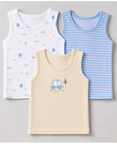 Babyhug 100% Cotton Single Jersey Knit Sleeveless Sandos with Stripes & Car Print Pack of 3 -  White Tan & Blue