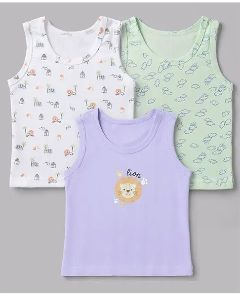 Babyhug 100% Cotton Single Jersey Knit Sleeveless Sando With Lion Print Pack of 3 - White Lavender & Light Green